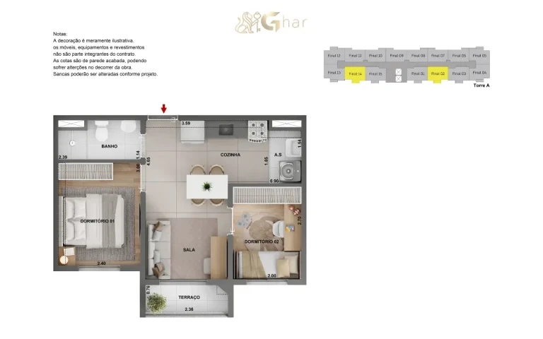 Planta alternativa de apartamento de 2 quartos com 37 m² no Barra Funda 930