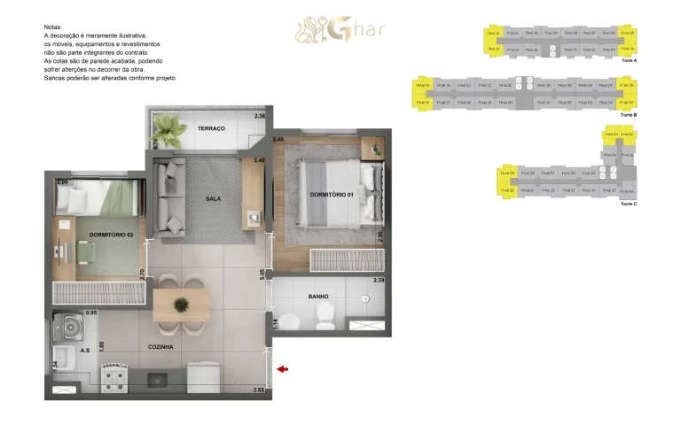 Planta de apartamento de 2 quartos com 38 m² no Barra Funda 930