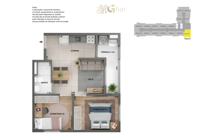 Planta de apartamento de 2 quartos com 41 m² no Barra Funda 930