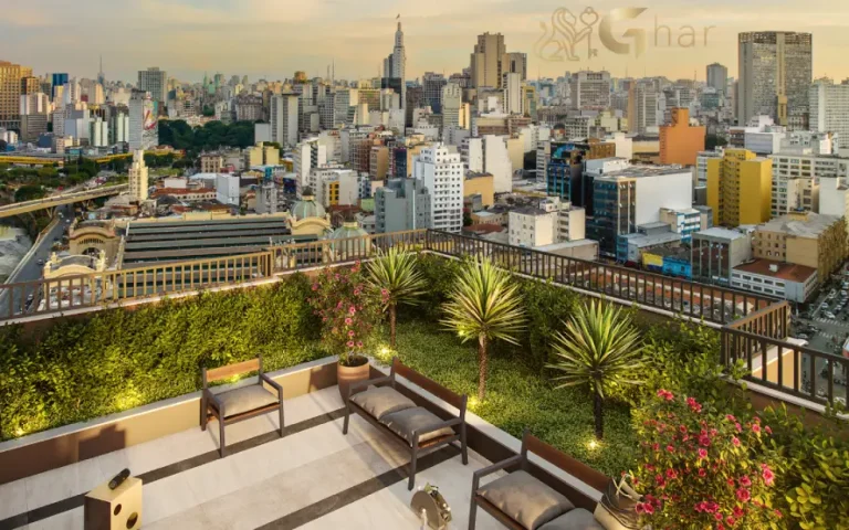 Sky view no rooftop do condomínio Cidade Central com vista panorâmica de São Paulo