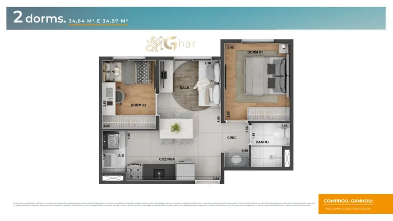 Planta de apartamento 2 dormitórios do Cidade Central com 34,64 a 34,97 m²