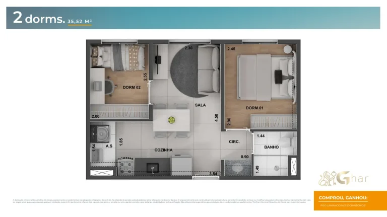 Planta de apartamento 2 dormitórios do Cidade Central com 35,52 m²
