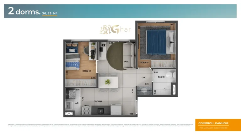Planta de apartamento 2 dormitórios do Cidade Central com 36,53 m²