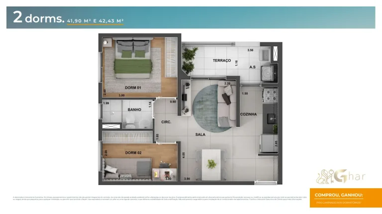 Planta de apartamento 2 dormitórios do Cidade Central com 41,90 a 42,43 m² no Centro de São Paulo