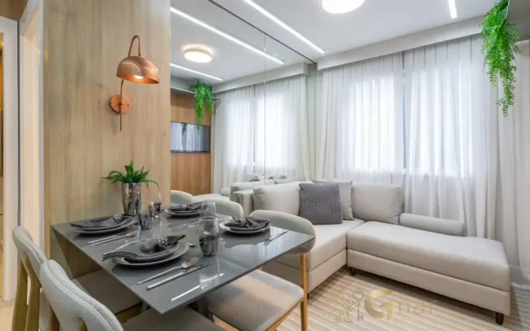 Sala de jantar e living do apartamento decorado no Cidade Jaguaré Villa Eldorado