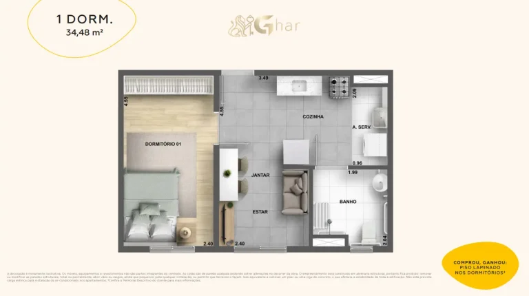 Planta de apartamento 1 dormitório de 34,48 m² no Cidade Jaguaré Villa Eldorado