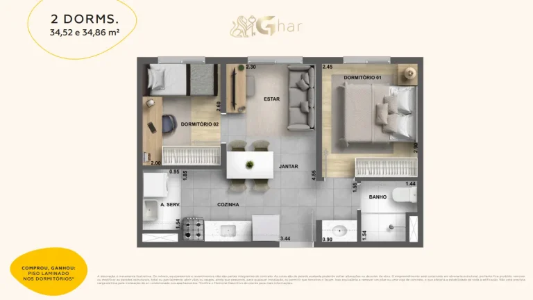 Planta de apartamento 2 dormitórios de 34,52 m² e 34,86 m² no Jaguaré