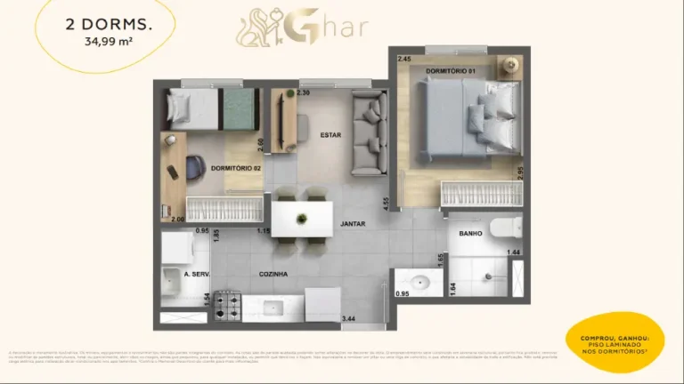 Planta de apartamento 2 dormitórios de 34,99 m² no Cidade Jaguaré Villa Eldorado
