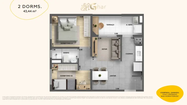 Planta de apartamento 2 dormitórios de 43,44 m² no Cidade Jaguaré Villa Eldorado
