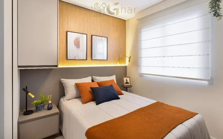 Outra vista do quarto de casal do apartamento decorado do Cidade Jaguaré Villa Lobos