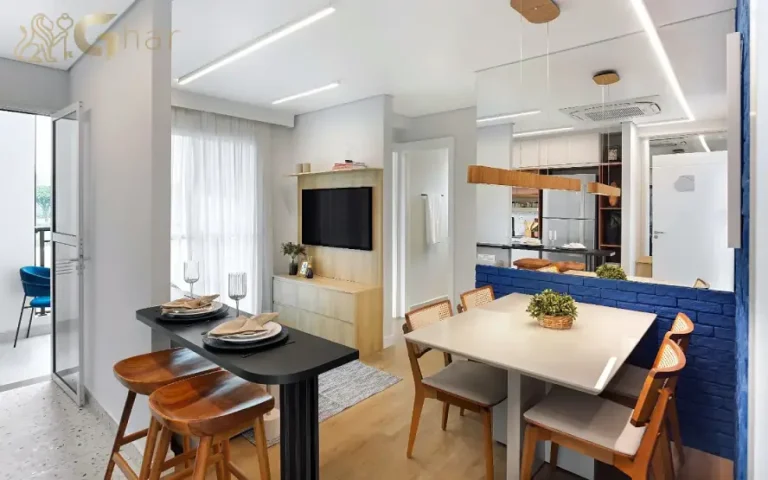 Sala de jantar e estar do apartamento decorado do Cidade Jaguaré Villa Lobos com ambientes integrados