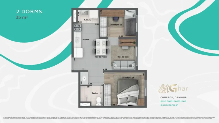 Planta de apartamento de 2 dormitórios com 35 m² no Cidade Jaguaré Villa Lobos