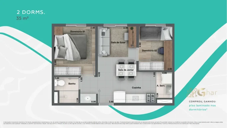 Planta alternativa de apartamento de 2 dormitórios com 35 m² no Cidade Jaguaré Villa Lobos