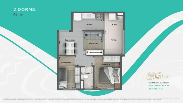 Planta de apartamento de 2 dormitórios com 42 m² no Cidade Jaguaré Villa Lobos
