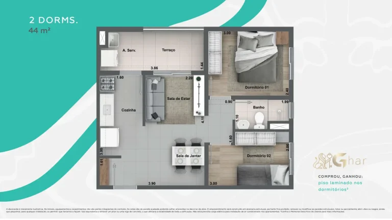 Planta de apartamento de 2 dormitórios com 44 m² no Cidade Jaguaré Villa Lobos