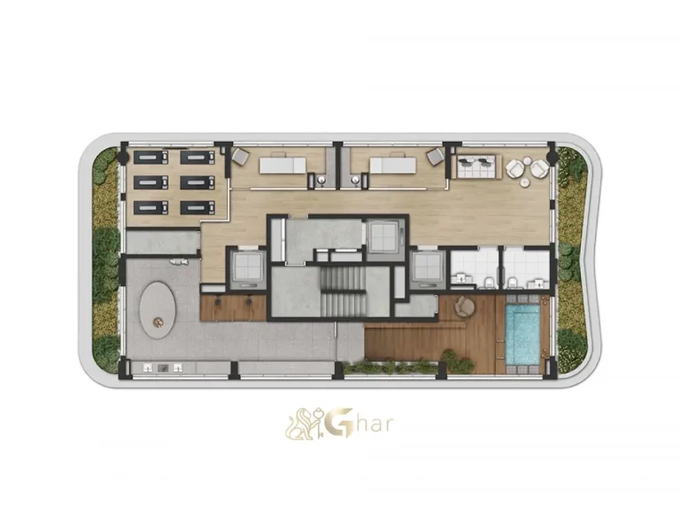 Planta de implantação do lazer no 12º pavimento da Torre Shanghai do Cidade Jockey