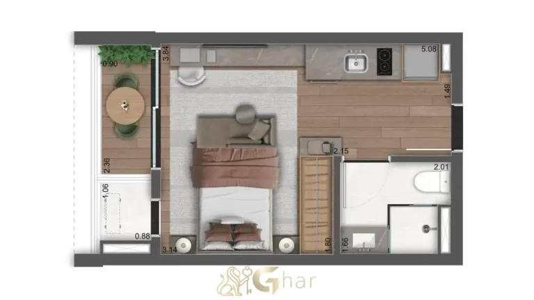 Planta do studio de 24 m² do Cidade Jockey Studios no Butantã