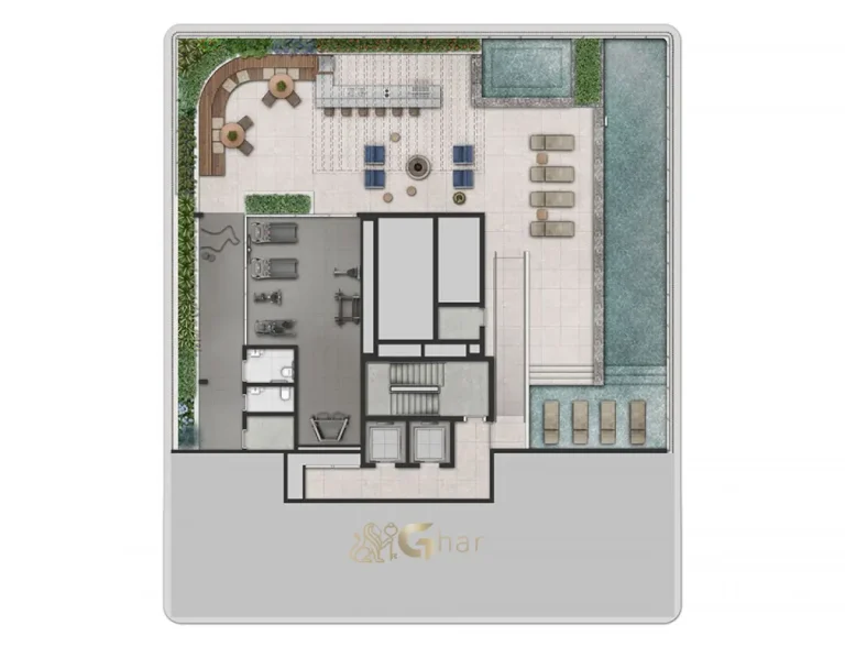 Planta de implantação do lazer no 12º pavimento do Cidade Jockey Studios