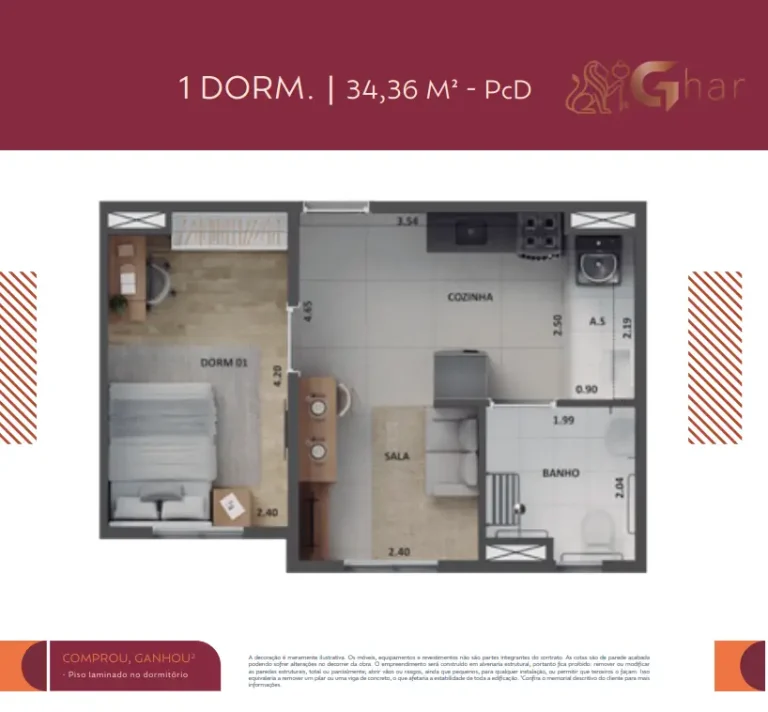 Planta de apartamento 1 dormitório PCD 34,36 m² no Cidade Lapa – Água Branca