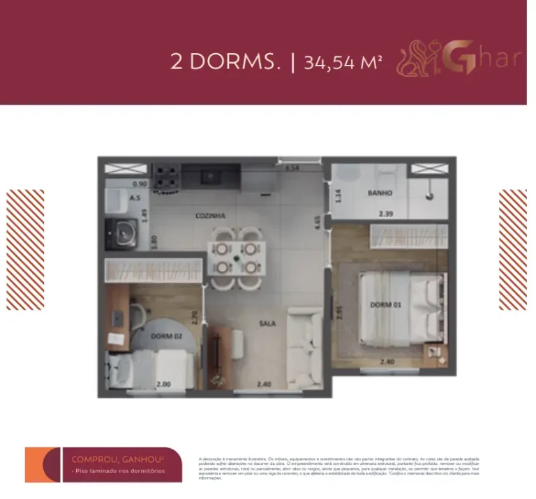 Planta de apartamento 2 dormitórios 34,54 m² no Cidade Lapa – Água Branca