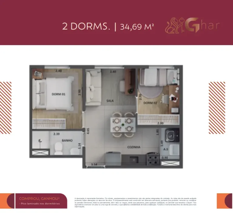 Planta de apartamento 2 dormitórios 34,69 m² no Cidade Lapa – Água Branca