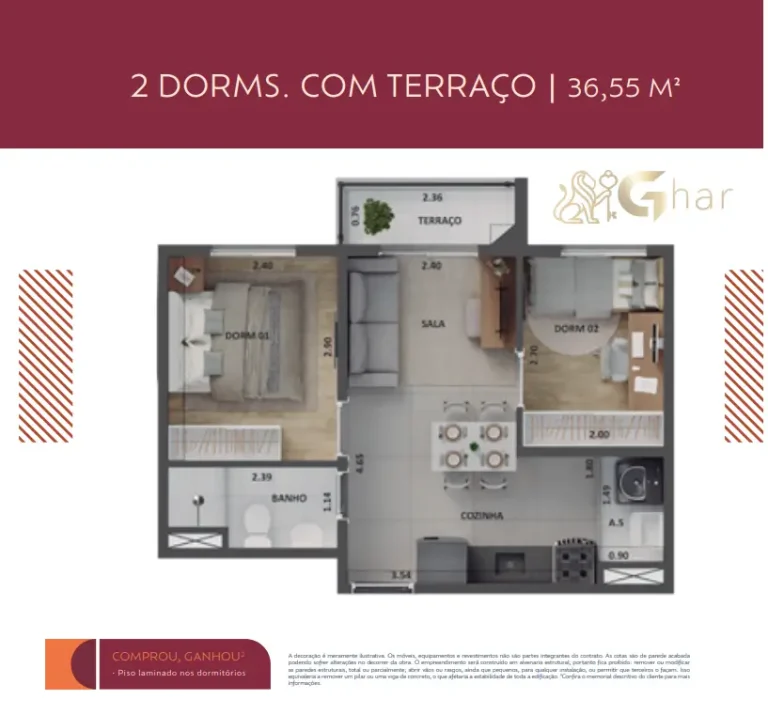 Planta de apartamento 2 dormitórios com terraço 36,55 m² no Cidade Lapa – Água Branca