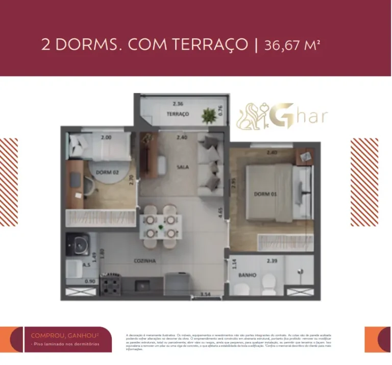 Planta de apartamento 2 dormitórios com terraço 36,67 m² no Cidade Lapa – Água Branca
