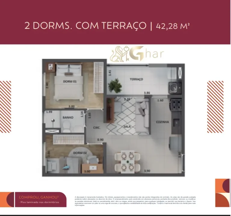 Planta de apartamento 2 dormitórios com terraço 42,28 m² no Cidade Lapa – Água Branca