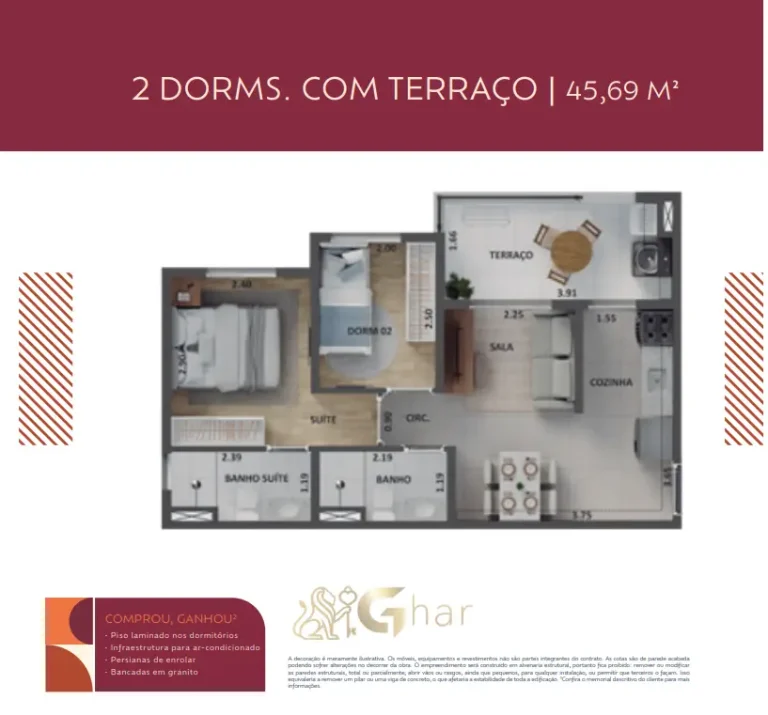 Planta de apartamento 2 dormitórios com terraço 45,69 m² no Cidade Lapa – Água Branca
