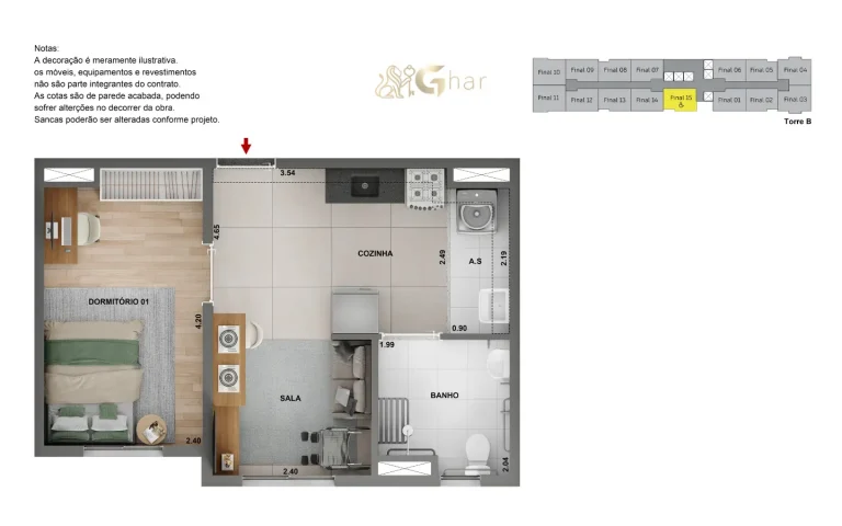 Planta apartamento 1 dormitório Cidade Lapa Pompeia na Água Branca SP