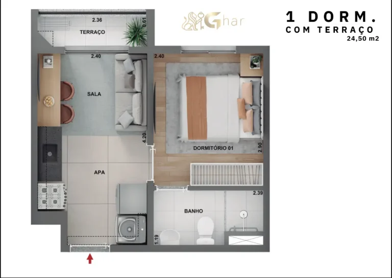 Planta apartamento 1 dormitório com terraço Cidade Lapa Pompeia na Água Branca
