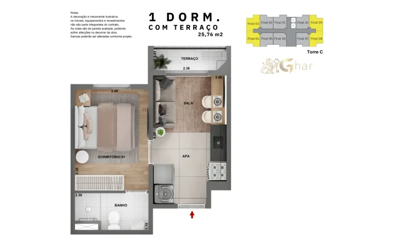 Planta apartamento 1 dormitório com terraço 25m² Cidade Lapa Pompeia