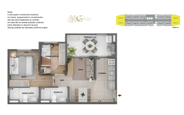 Planta apartamento 2 dormitórios 1 suíte Cidade Lapa Pompeia Água Branca