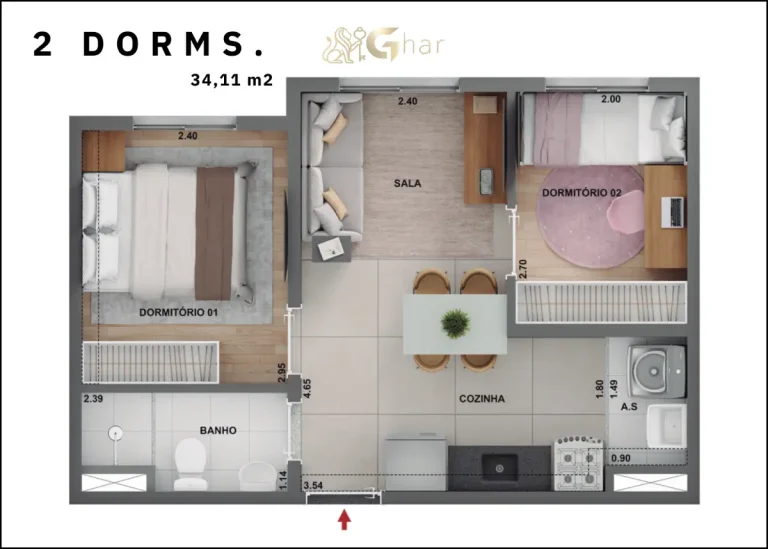 Planta apartamento 2 dormitórios 34m² Cidade Lapa Pompeia Água Branca