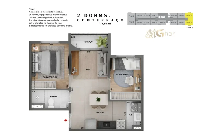 Planta apartamento 2 dormitórios com terraço 37m² Cidade Lapa Pompeia