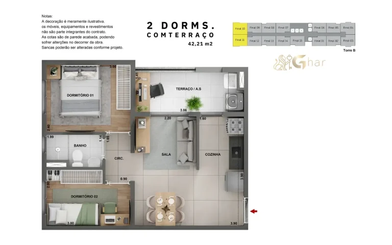 Planta apartamento 2 dormitórios com terraço 42m² Cidade Lapa Pompeia