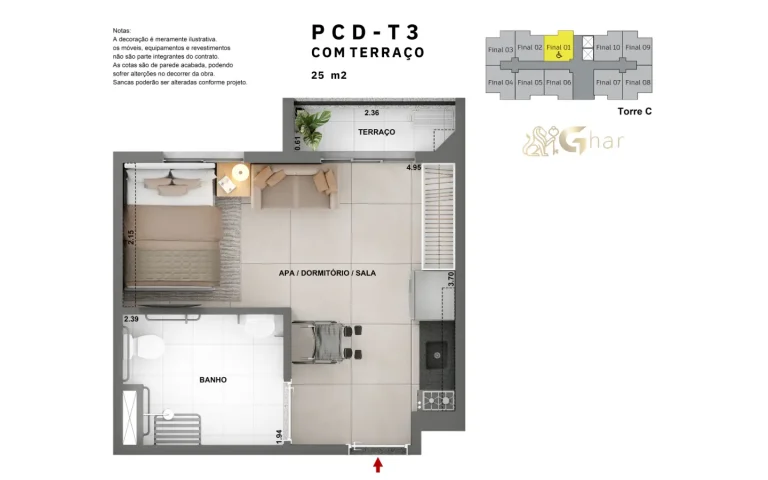 Planta studio 25m² Cidade Lapa Pompeia na Água Branca SP