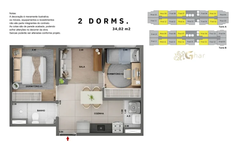 Planta apartamento 2 dormitórios 34m² Cidade Lapa Pompeia Água Branca