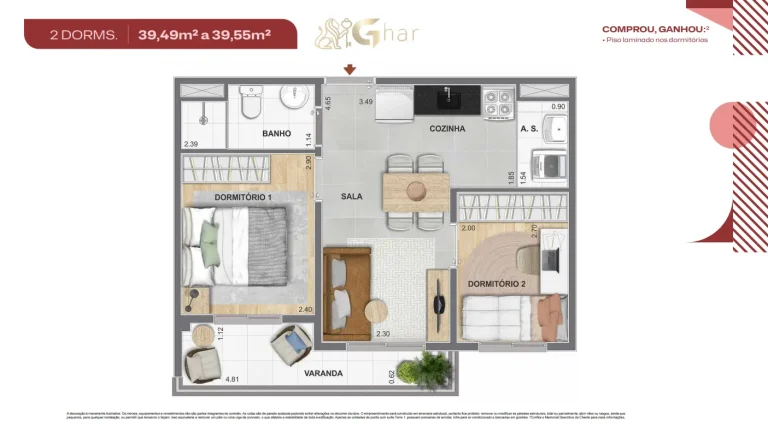 Planta do apartamento 2 dormitórios de 39,49 a 39,55 m² no Cidade Mooca – Duomo