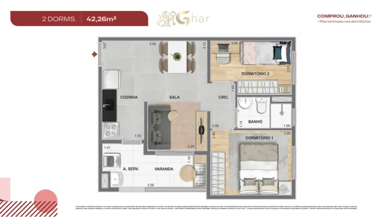 Planta do apartamento 2 dormitórios de 42,26 m² no Cidade Mooca – Duomo