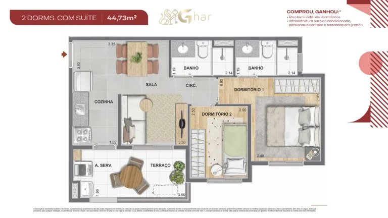 Planta do apartamento 2 dormitórios com suíte de 44,73 m² no Cidade Mooca – Duomo