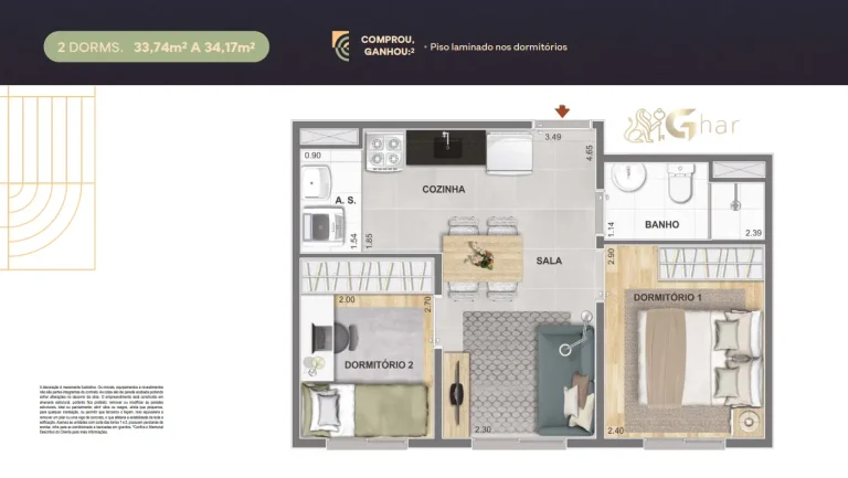 Planta de apartamento 2 dormitórios de 33,74 m² a 34,17 m² no Cidade Mooca – Navona