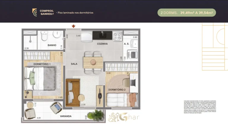 Planta de apartamento 2 dormitórios de 39,49 m² a 39,54 m² no Cidade Mooca – Navona