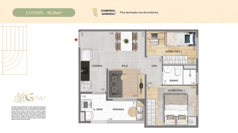 Planta de apartamento 2 dormitórios de 42,26 m² no Cidade Mooca – Navona