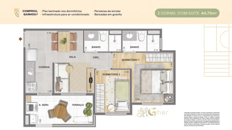 Planta de apartamento 2 dormitórios com suíte de 44,73 m² no Cidade Mooca – Navona