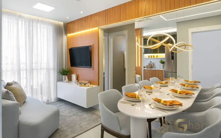 Sala de estar e jantar do apartamento decorado do Cidade Mooca San Marco na Mooca