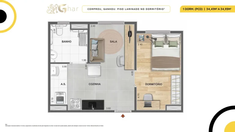 Planta de apartamento 1 dormitório PCD do Cidade Mooca San Marco na Mooca