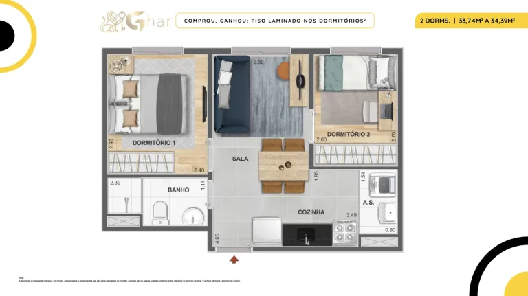 Planta de apartamento 2 dormitórios do Cidade Mooca San Marco na Mooca