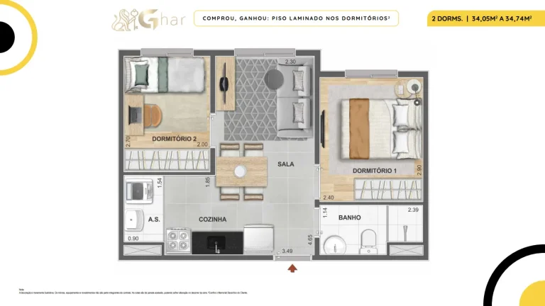 Planta de apartamento 2 dormitórios do Cidade Mooca San Marco com 34 m²