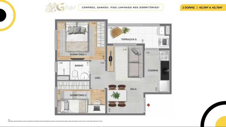 Planta de apartamento 2 dormitórios do Cidade Mooca San Marco com 40 m²